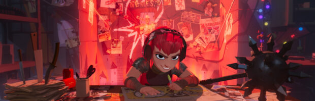 Szene aus dem Animationsfilm. Nimona sitzt am Zeichentisch und grinst diabolisch