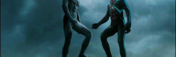Eine Szene aus dem Süider-Man 2 game. Peter Parker und Miles Morales in ihren Superhelden Anzügen aber ohne Masken stehen auf einem Dach