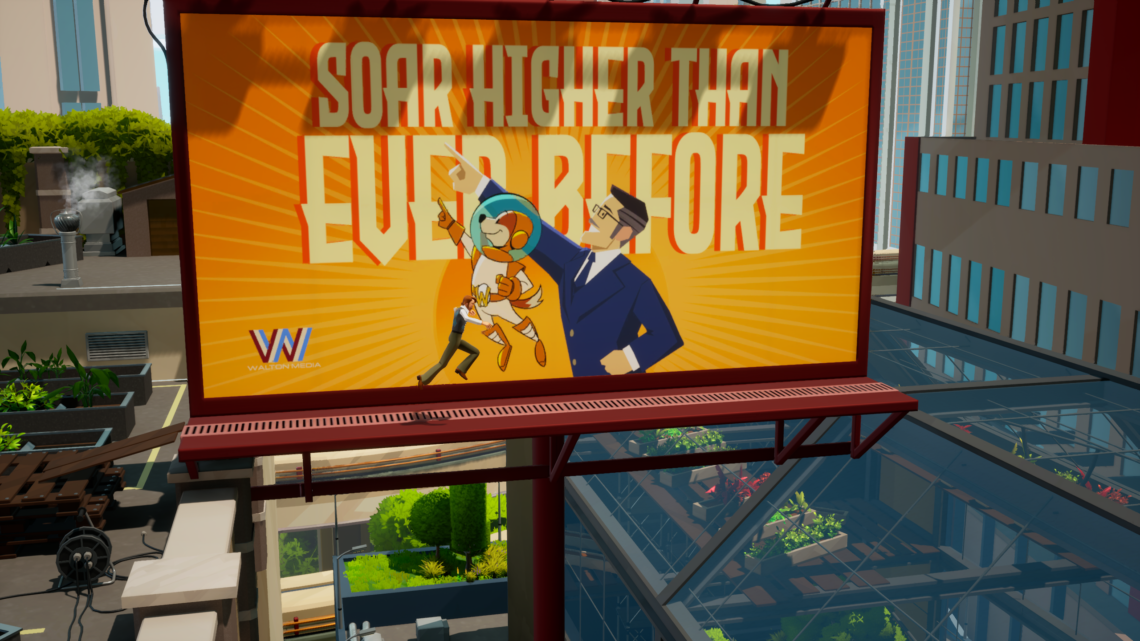 Screenshot aus dem Spiel American Arcadia. Man sieht eine der Hauptfiguren Trevor wie er vor einem großen Leinwandplakat springt. Auf dem Plakat steht Soar Higher Than Ever Before und man sieht den fiktiven Medienmogul Don Walton mit seinem AMskotten einem Hund im Astronautenanzug