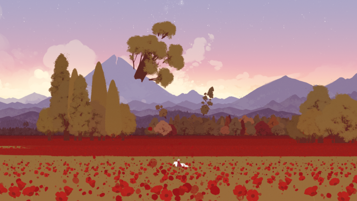 Screenshot aus dem Spiel Neva. Eine Woman of Color mit hellem Haar läuft über eine grüne Wiese mit einem weißen Wolf mit Hirschgeweih.