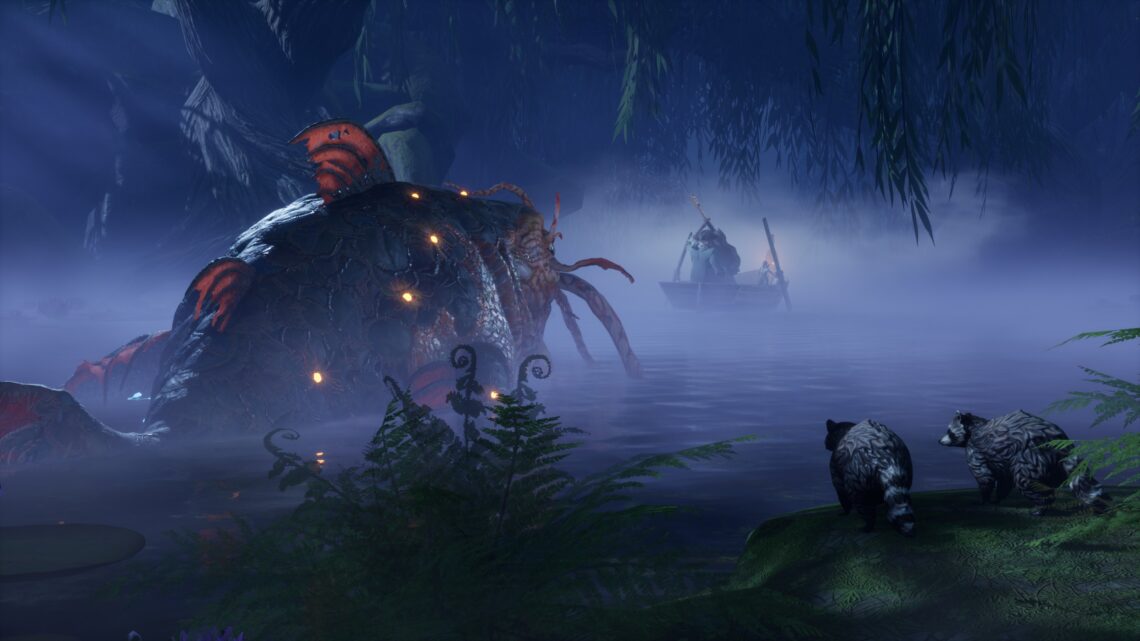 Szene aus dem Game South of Midnight. Eine riesengroßer Wels schwimmt in einem Sumpf. Vor ihm ein kleines Ruderboot. Rechts zwei Waschbären