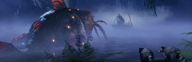 Szene aus dem Game South of Midnight. Eine riesengroßer Wels schwimmt in einem Sumpf. Vor ihm ein kleines Ruderboot. Rechts zwei Waschbären