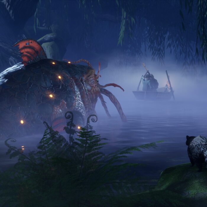 Szene aus dem Game South of Midnight. Eine riesengroßer Wels schwimmt in einem Sumpf. Vor ihm ein kleines Ruderboot. Rechts zwei Waschbären
