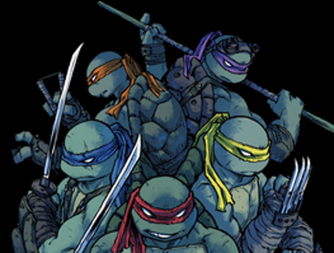 Cover des ersten englischen Sammelbands von Teenage Mutant Ninja Turtles Reborn. Man sieht 5 mutierte Schildkrötenmenschen mit farblich unterschiedlich Augenbinden (Rot, Gelb, Lila, Orange, Blau) mit spezifischen Ninja-Waffen