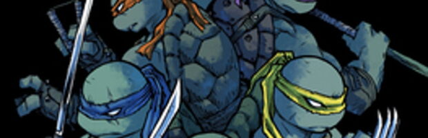 Cover des ersten englischen Sammelbands von Teenage Mutant Ninja Turtles Reborn. Man sieht 5 mutierte Schildkrötenmenschen mit farblich unterschiedlich Augenbinden (Rot, Gelb, Lila, Orange, Blau) mit spezifischen Ninja-Waffen