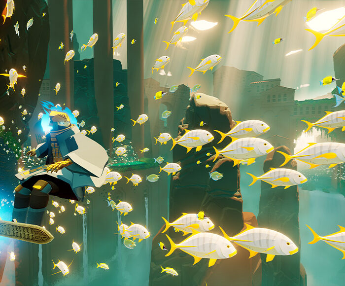 Eine mysteriöse Figur surft auf einem Hover-Schwert an einer Wand. Daneben schwebt ein Strom Fische.