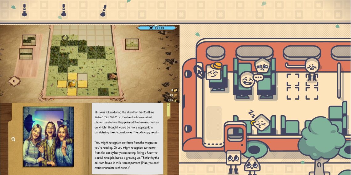 Collage aus drei Screenshots von Games: Links oben ist ein Bildausschnitt aus "Drop Duchy", eine Art Tetris mit Ressourcen. Darunter aus dem Spiel "The Roottrees Are Dead", einem Detektiv Spiel. Man sieht drei junge Mädchen lachend Arm in Arm auf einem Fotos, daneben Text. Auf der rechten Seite ein Ausschnitt aus "Is This Seat Taken?". Kleine geometrische Formen mit Gesichtern sitzen in einem Bus oder warten davor
