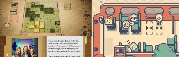 Collage aus drei Screenshots von Games: Links oben ist ein Bildausschnitt aus "Drop Duchy", eine Art Tetris mit Ressourcen. Darunter aus dem Spiel "The Roottrees Are Dead", einem Detektiv Spiel. Man sieht drei junge Mädchen lachend Arm in Arm auf einem Fotos, daneben Text. Auf der rechten Seite ein Ausschnitt aus "Is This Seat Taken?". Kleine geometrische Formen mit Gesichtern sitzen in einem Bus oder warten davor