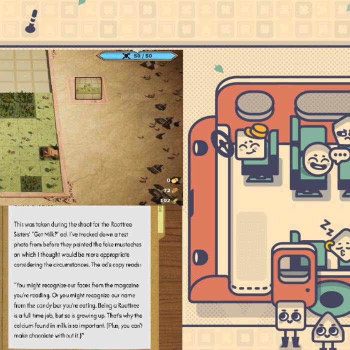 Collage aus drei Screenshots von Games: Links oben ist ein Bildausschnitt aus "Drop Duchy", eine Art Tetris mit Ressourcen. Darunter aus dem Spiel "The Roottrees Are Dead", einem Detektiv Spiel. Man sieht drei junge Mädchen lachend Arm in Arm auf einem Fotos, daneben Text. Auf der rechten Seite ein Ausschnitt aus "Is This Seat Taken?". Kleine geometrische Formen mit Gesichtern sitzen in einem Bus oder warten davor