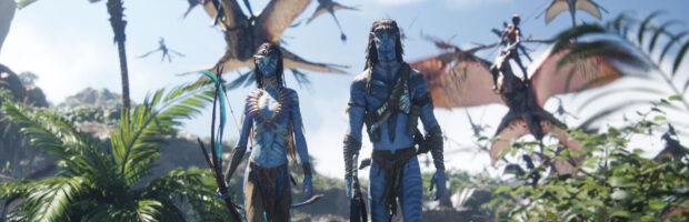 (L-R) Neytiri (Zoe Saldaña) and Jake Sully (Sam Worthington) in 20th Century Studios' AVATAR: FIRE AND ASH. Photo courtesy of 20th Century Studios. © 2025 20th Century Studios. All Rights Reserved.