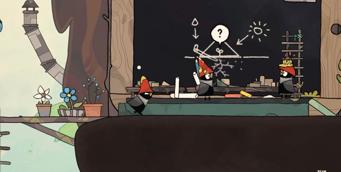 Screenshot aus dem Spel The Merlies. Man sieht drei kleine Vogelwesen in einer Miniaturwelt. | Copyright ARTE