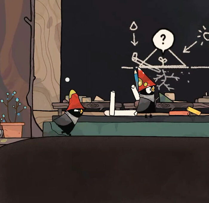 Screenshot aus dem Spel The Merlies. Man sieht drei kleine Vogelwesen in einer Miniaturwelt. | Copyright ARTE